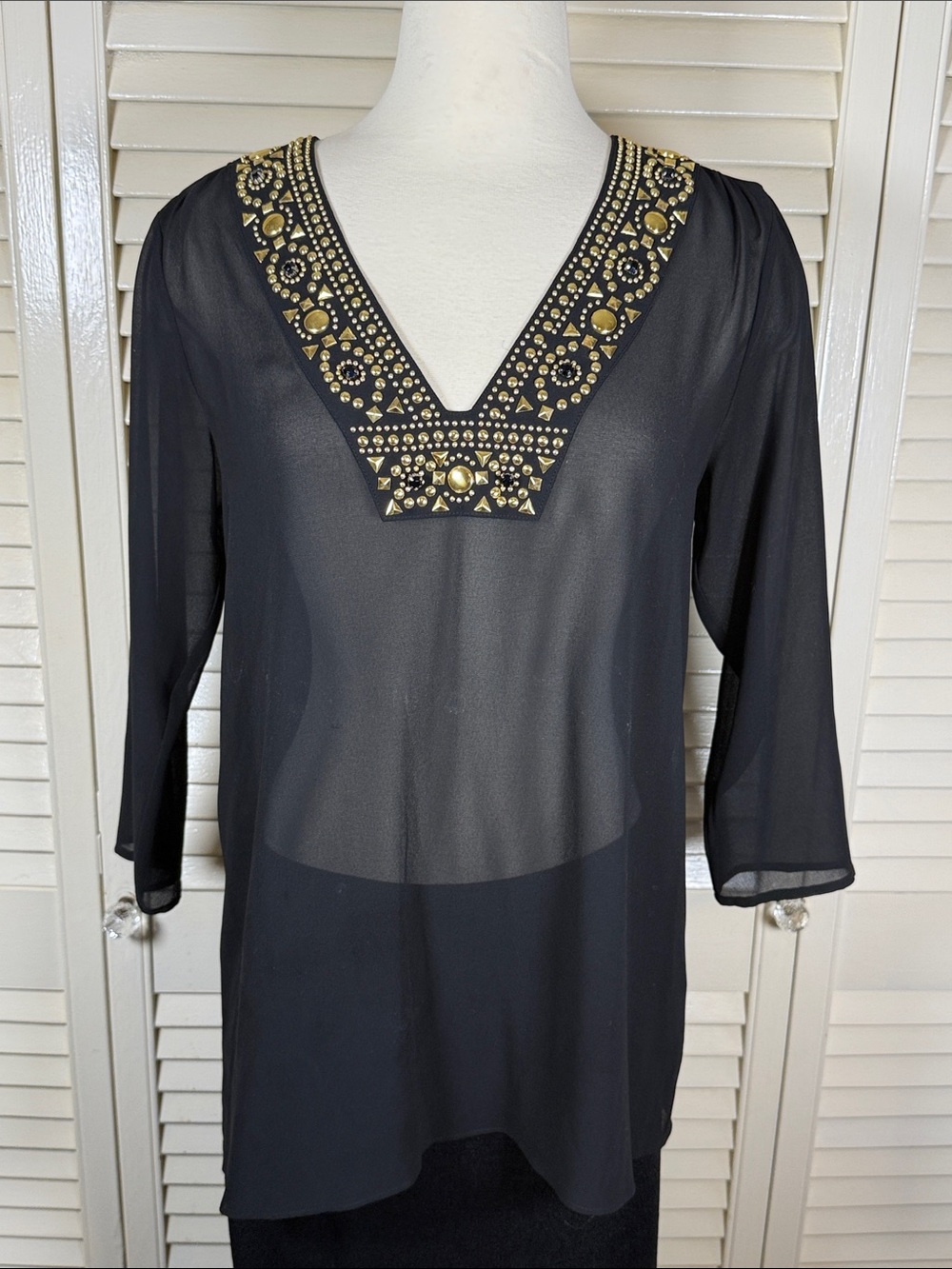 Michael Kors Beaded V-Neck Chiffon Tunic Top Black Gold Studded Sheer Blouse S
